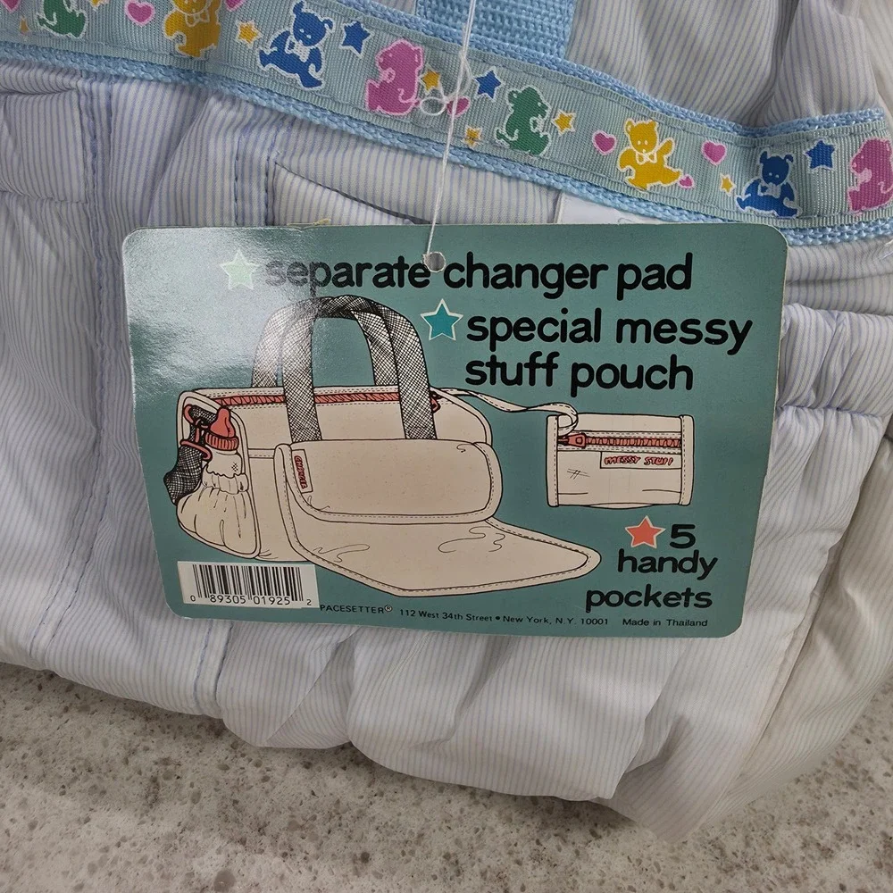 Baby Connection Vintage Diaper Bag Blue Pinstripe Teddy Bear Changing Pad NWT